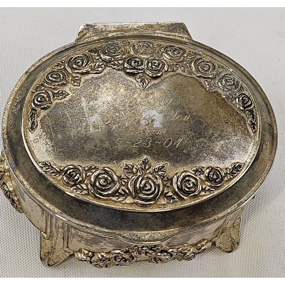 Vintage Sankyo Silver Tone Rose Floral Footed Music Jewelry Trinket Box‎ Oval